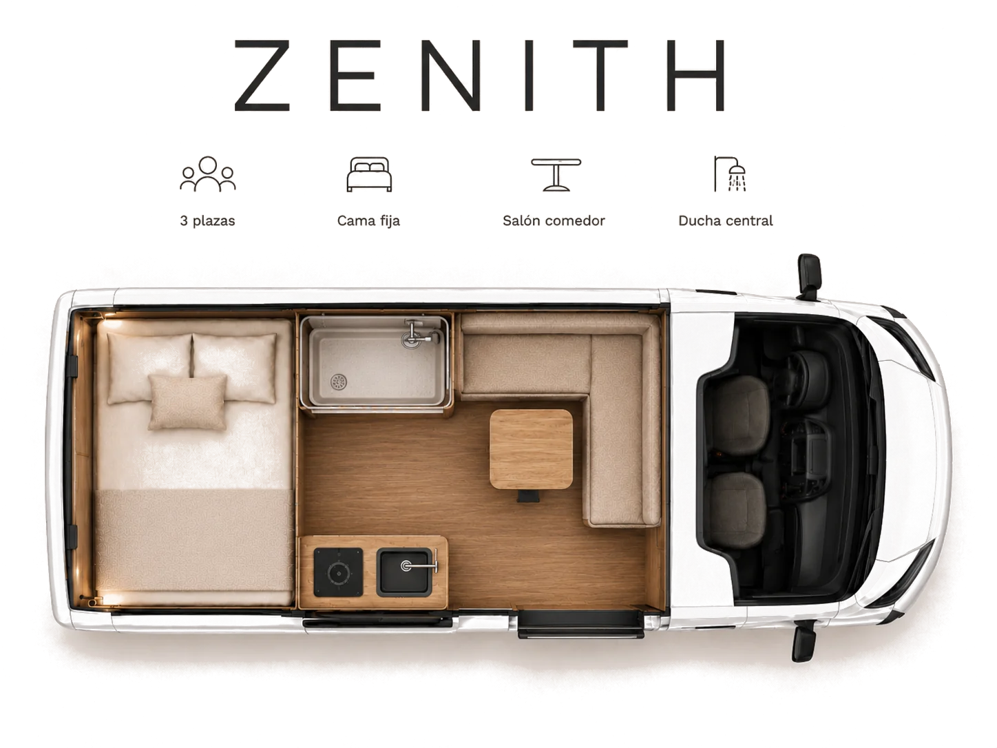 ZENITH — vista cenital, Viajan 3 · Duermen 3, ducha interior