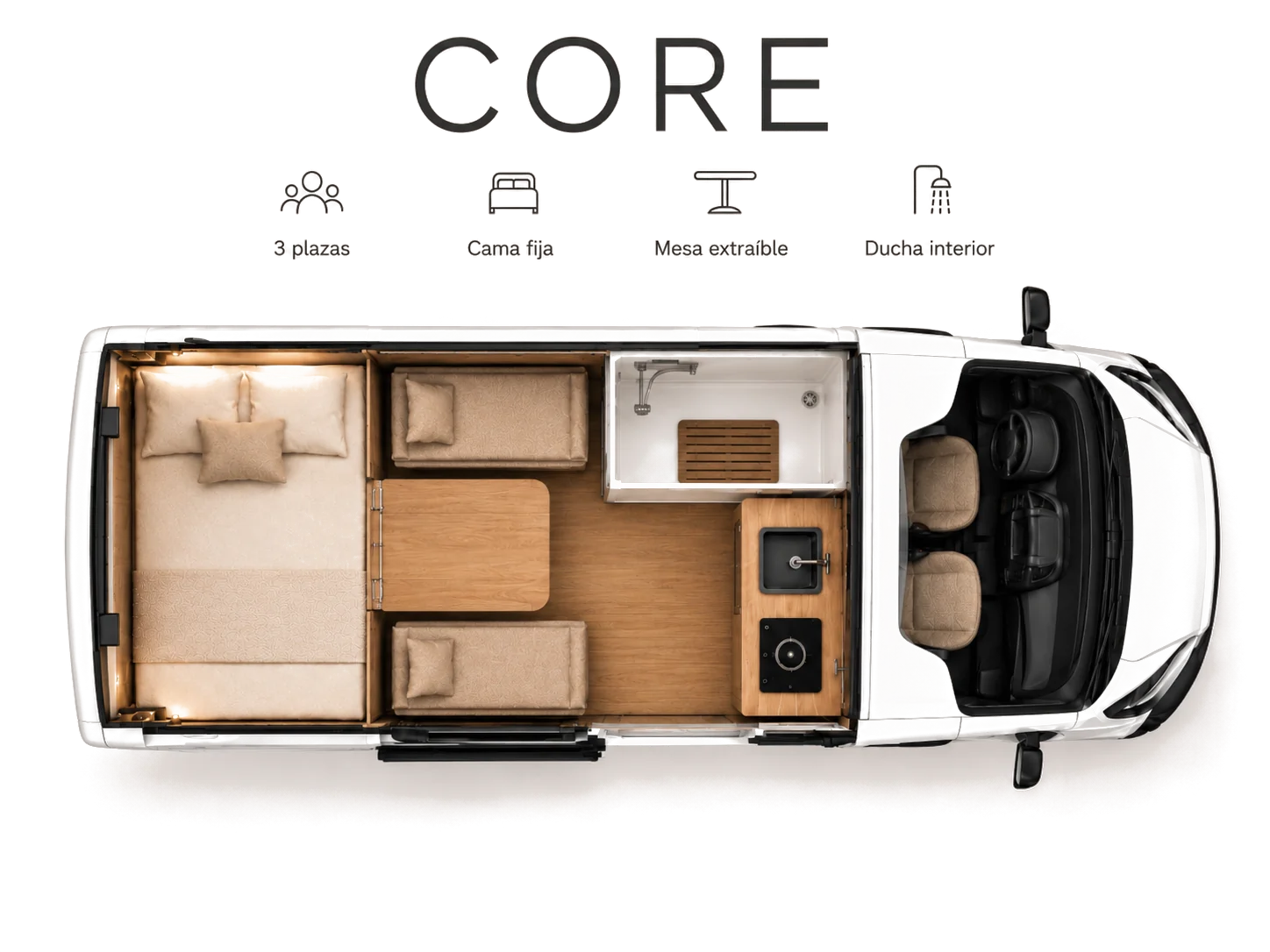 CORE — vista cenital, Viajan 3 · Duermen 3, ducha interior