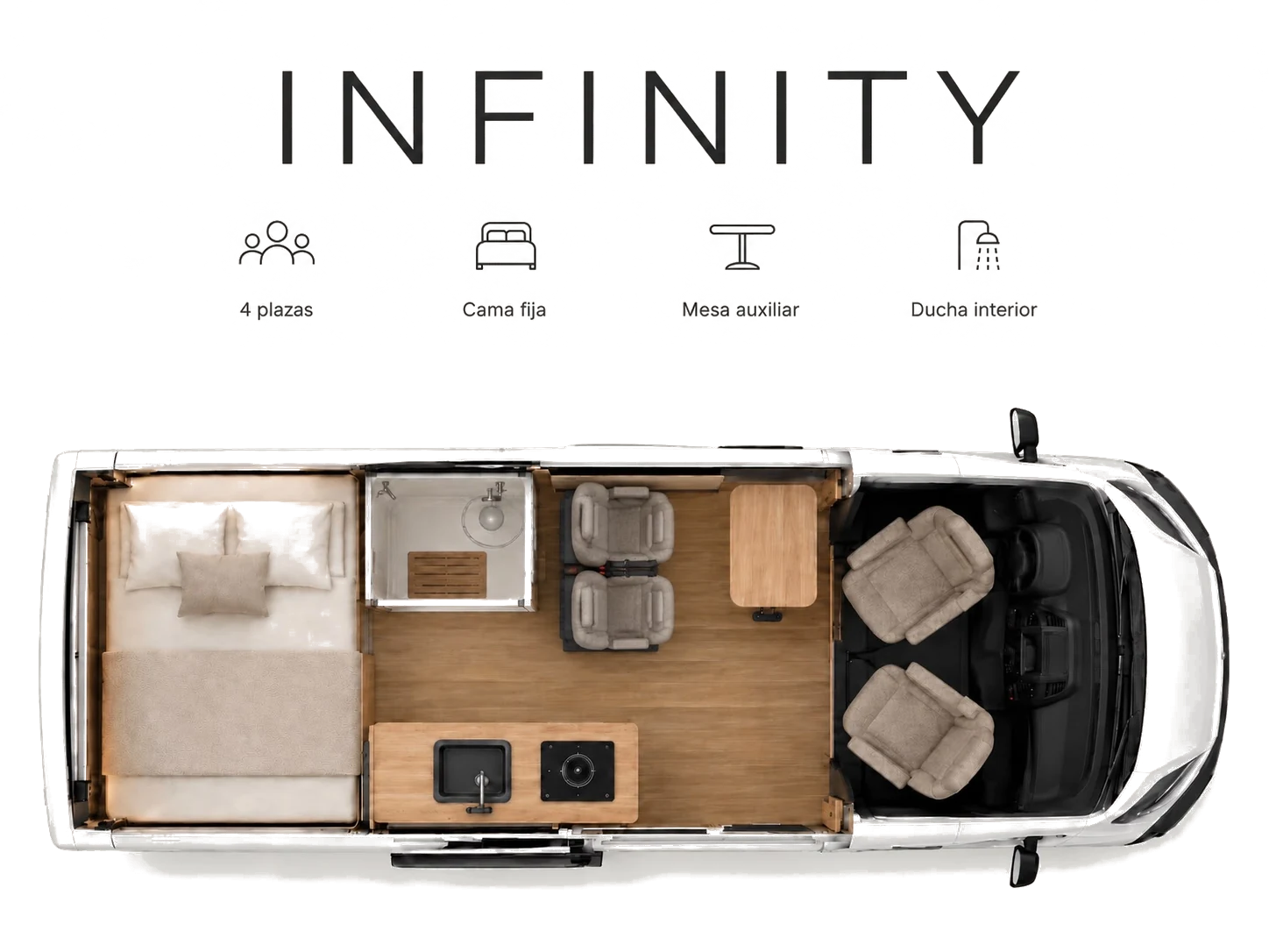 INFINITY — vista cenital, Viajan 4 · Duermen 4, ducha interior
